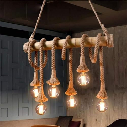ONSSI® Lámpara Colgante de Techo Vintage,Casquillo E27 Retro de 6 Luces (Sin Bombillas),Luz de Cáñamo de Estilo Rústico,Lámpara Para Bar,Cafetería,Restaurante