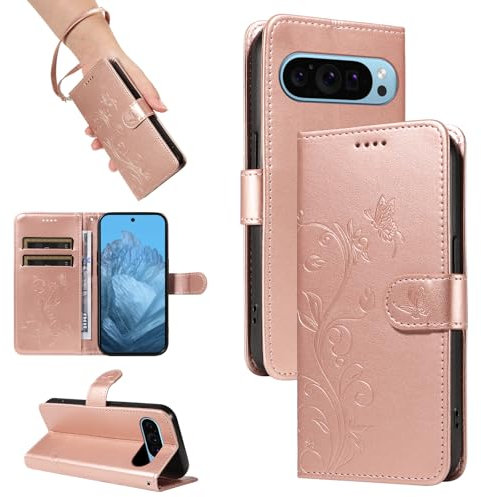 SRISHP Cover per Google Pixel 9 PRO/Pixel 9, Magnetica Cover a Libro con Slot per Schede, Custodia in PU Pelle Portafoglio per Pixel 9/9 PRO, Oro Rosa