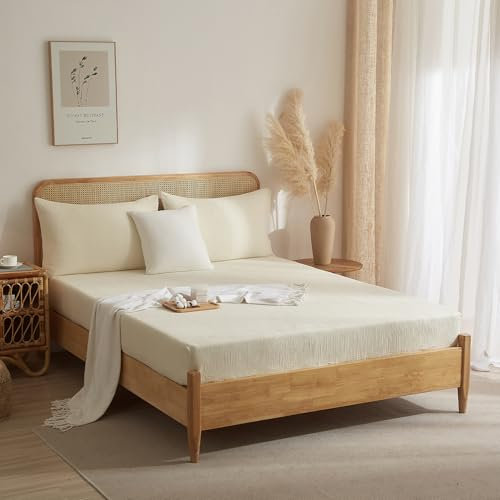 DXHOME 120x200 Spannbettlaken Muslin Beige Creme Spannbetttuch Set Baumwolle Boxspringbett Muslin Bettlaken Spannbetttuch Leintuch 120 x 200 für Hohe Matratze bis 25-30 cm