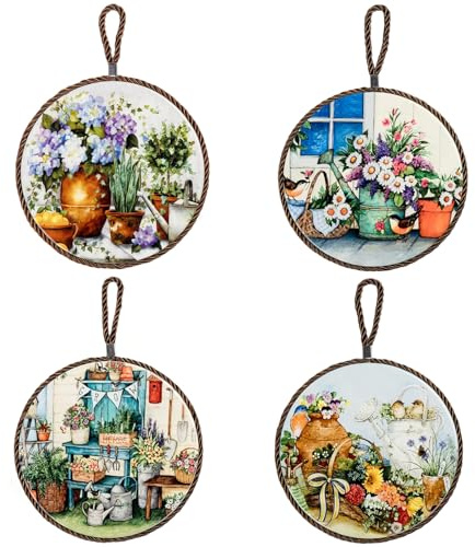 Alihoo Topfuntersetzer, 4 Stück Untersetzer Keramik für heiße Gerichte, Töpfe und Pfannen, Untersetzer Matte Deko-Isolierpads im Retro Muster, Durchmesser 17cm (Blumen)