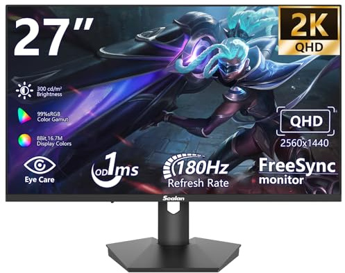 Sealan Monitor 27 Zoll FHD 2560 x 1440P 180Hz Computerbildschirm 99% sRGB 3ms Monitore für PC Unterstützung DP HDMI VESA Gamer Monitor Sync Visual Experience für