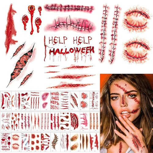 30Sheets Halloween Scar Tattoos, Waterproof Zombie Tattoo Makeup Scar Stickers Vampire Bite Tattoos, Halloween makeup accessories for men and women