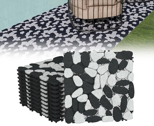 XMTECH 11 Stück Mosaik Kieselstein Fliesenmatten 30x30 cm, Strukturierte rutschfeste Naturstein Oberfläche, wetterfeste Mosaikfliesen für Bad, Balkon und Terrasse (Schwarz-Weiß Geschnitten)