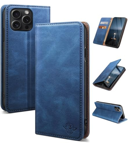 SUANDUCK for iPhone 15 Pro 6.1 mobile phone case magnetic leather flip case with RFID-blocking card compartment, adjustable stand and 360° drop protection with Apple 15 Pro Light Blue