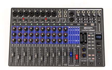 ZOOM LiveTrak L-12next Digitaler Mixer und Recorder mit 12 Kanälen, Audio-Interface, 14-Track Aufnahme 24/96, Master Track 32-Bit Float, Live und Studio, OLED-Display, Effekte, Filter (UK-Version)