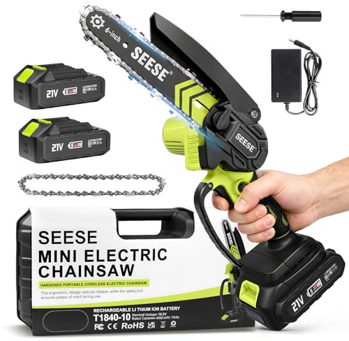 SEESE Mini motosierra de 6 pulgadas, sin cable: motosierra de batería para el jardín del hogar, motor sin escobillas de cobre puro de 850 W, alta eficiencia, bajo ruido, 2 baterías de 21 V, hasta 60