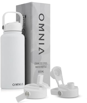 OMNIA NUTRIENTS Vacuum Insulated Stainless Steel Water Bottle, 2 Lids (Straw & Spout) Leakproof, BPA-Free, Reusable Flask Ideal for Travel and Outdoors (White - 1000 ml)