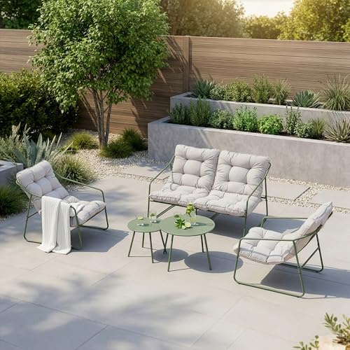 [en.casa] Gartenmöbel Set Kivanta 5-TLG. mit Kissen Hellgrün | Sitzgruppe, Balkon Möbel Set, Outdoor, Lounge, für Garten, Sitzgarnitur, Sofa, 2 Tische, 2 Stühle, Metall