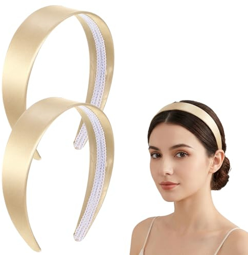 2 Stück Champagnergold Haarreifen, 3.8 cm Breit Haarreif Damen | Seidensatin Haarbänder Rutschfest Einfarbig Prinzessinnen Haaraccessoires für Hochzeiten Geburtstage Partys Valentinstag