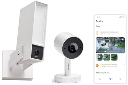 Netatmo Pack de Caméra de Surveillance Extérieure, Wi-FI 5 GHz, 2K HDR,Projecteur LED 12 W, Sirène Intégrée 105 DB + Caméra Intérieure Advance, Reconnaissance Faciale, Audio-Bidirectionnel
