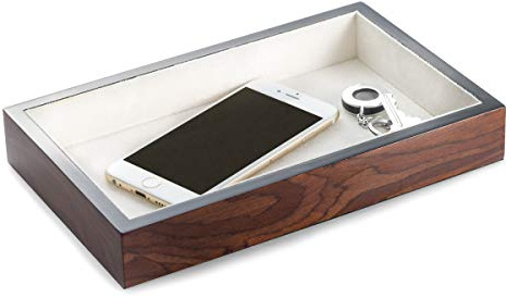 Bey-Berk Erin Burl Wood Valet Tray (Brown), 9.5 x 6 High-Lacquer Open Catchall for Phone, Keys, Wallet and Jewelry, Soft Velour-Lined Desk or Nightstand EDC Organizer