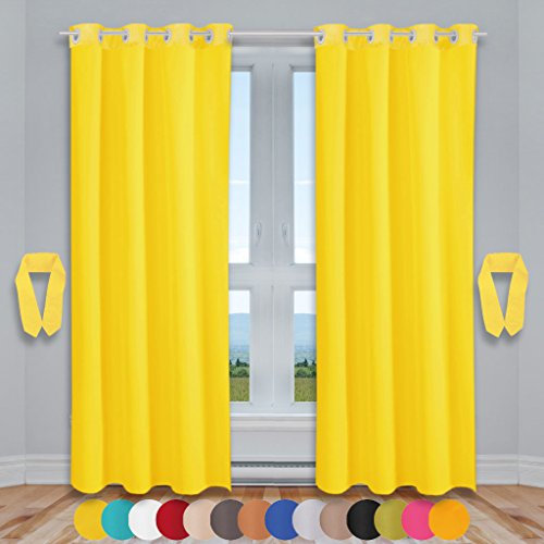 Bestlivings Lot de 2 rideaux décoratifs à œillets avec embrasses et crochets, 140 x 145 cm, Polyester, Jaune - Jaune soleil, 140 x 225 cm