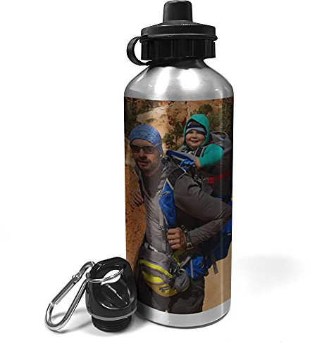 LolaPix Botella personalizada. Botella de aluminio inoxidable con foto. Botella agua. Water Bottle. Cantimplora. Libre BPA. 600ml. DOBLE TAPÓN COLOR PLATA