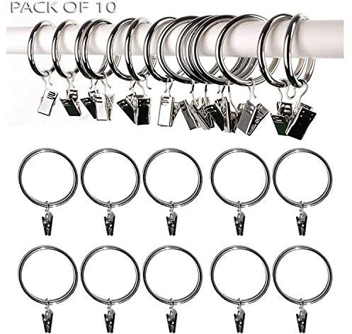 Pack of 10 Metal Curtain Rings with Clips, Pole Rod Voile Net Curtain Drapery Hanging Rings with Hooks (Silver)