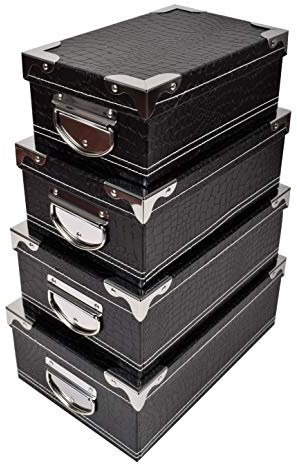 2J Schwarzer Satz von 4 Aufbewahrungsboxen aus Karton mit schwarzem Deckel mit Metallwinkeln und Griffen. Größen: 23x15x9,25x16,5x10,27x18x10,5,29x20x11cm