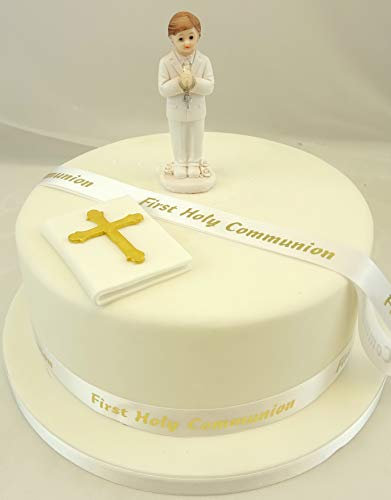First Holy Communion Edible Gold Bible Standing Praying Boy & Ribbon Cake Decoration Topper Ornament