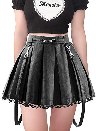 LittleForBig Femme A Line Plissée en PU Faux Cuir évasé avec Bordure en Dentelle-Troublemaker Noir L