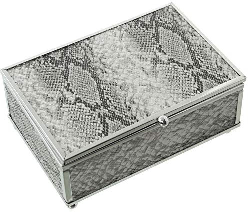 DRW Joyero Rectangular de Metal y Cristal Imitación Serpiente en Plateado 15x10x6cm