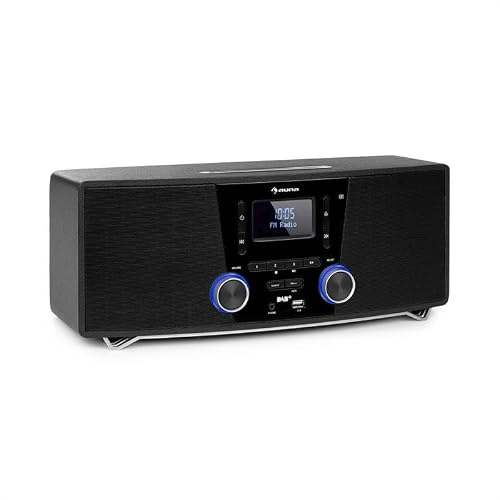 auna Stockton Micro Stereo System - 20W max. (2x 5W RMS), DAB+, FM Radio Tuner, RDS Function, CD Player, Bluetooth, USB Port, AUX-IN, OLED Display, X-Bass, EQ, Timer, Alarm Function, Black