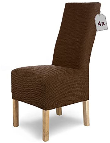 SCHEFFLER-Home Stuhlhussen Stretch Luna-Lang/Stuhlüberzug 4er Set Braun/elastische Flanell Stuhlabdeckungen/Stuhlhussen Schwingstühle/Spann-Bezug Stuhl Überwurf als eleganter Schonbezug