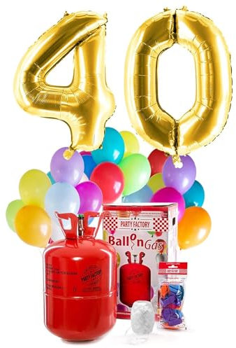 Party Factory – Helium Gasflasche 400L Komplett Set mit XXL Zahlenballon 40 Gold – Partydeko Ballongas Flasche mit Folienballon, 30 Latexballons & 40m Ballonschnur – Für Geburtstage & Feiern