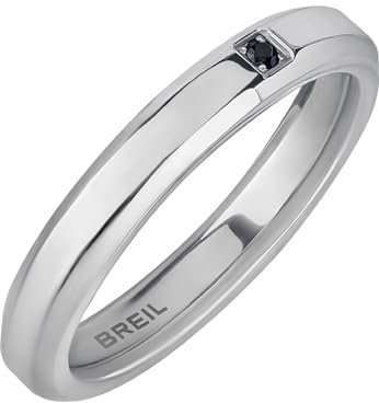 Breil, Herrenring Y Collection, Edelstahlring für Herren mit Glänzender Oberfläche und Schwarzem Kristall, Ring für Herren mit Einfachem und Minimalistischem Design