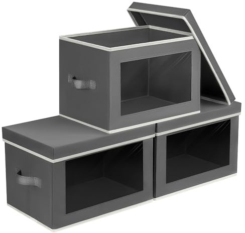 Homsorout Storage Bins with Lids - Fabric Storage Boxe with Window, Collapsible Closet Organizers with Handles, 3 Pack Decorative Bin, Home Cubes Baskets for Clothes, Hat, Books, Dark Grey