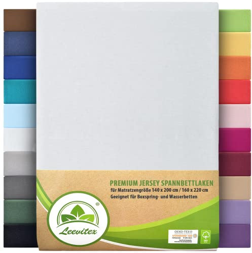 Premium Spannbettlaken, extra schwer und dick, 97% Mako-Jersey-Baumwolle und 3% Elasthan, auch Boxspringbett geeignet, 140 x 200-160 x 220 cm, Weiß