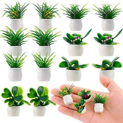cobee Miniatur Puppenhaus Pflanzen Set, 14 teiliges Puppenhaus Bonsai Pflanze 1:12 Mini Garten Topfpflanzen Winzige Blumen Modell Grün Ornamente Feengarten Puppenhaus Zubehör Dekoration