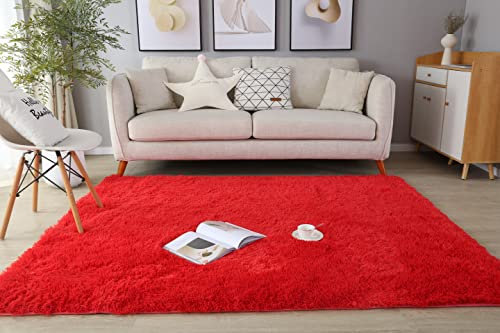 LYKEJI Tapis shaggy, moelleux, long et doux, antidérapant, pour décoration de chambre d'enfant, de salon, de chambre à coucher, 80 x 120 cm, rouge
