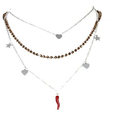 Flowers Collana Multifilo Portafortuna in Acciaio. 3 Fili con ciondoli Corno Rosso, Cuore e Stella. Un Filo di Piccoli Cristalli sfaccettati e Colorati. Elegante Idea Regalo (Bronze)