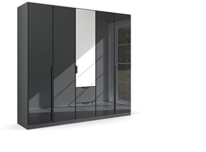 Rauch Möbel Modern by Quadra Spin Schrank Drehtürenschrank, Grau metallic/Glas basalt, Schwarz, 5-trg. mit Spiegel, inkl. 3 Kleiderstangen, 3 Einlegeböden, 2 Schubladen, BxHxT 226x210x54 cm