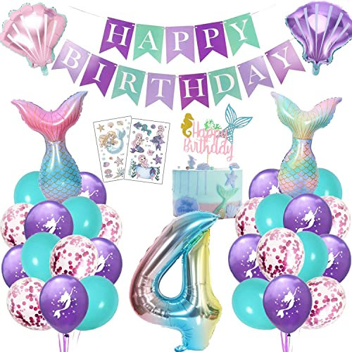 Meerjungfrau Geburtstag Deko 4 Jahre, Kindergeburtstag Luftballon Mädchen, Meerjungfrauen Thema Party Set mit Folienballon, Happy Birthday Girlande, Cake Topper und Tattoos