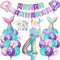 Meerjungfrau Geburtstag Deko 4 Jahre, Kindergeburtstag Luftballon Mädchen, Meerjungfrauen Thema Party Set mit Folienballon, Happy Birthday Girlande, Cake Topper und Tattoos