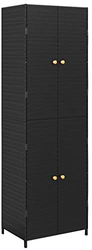 vidaXL Garden Storage Cabinet - Weather-Proof Poly Rattan with Acacia Wood Door Knobs, Black - With 4 Storage Compartments