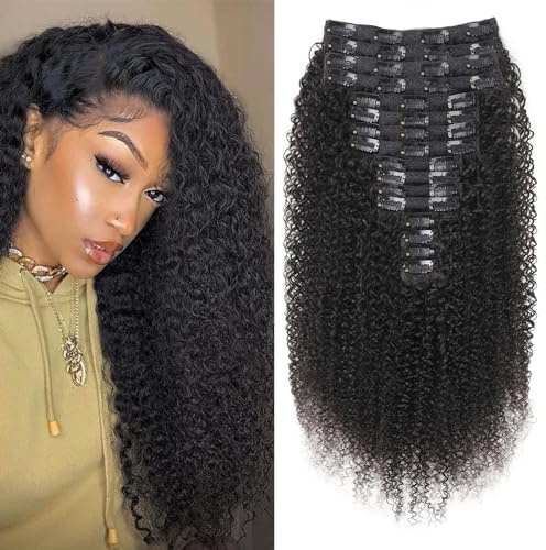EINbeauty Kinky Curly Clip in Extensions Echthaar. 16 Teile 240g. Invisible Echthaar Perücke Extensions. Natürliche Schwarze Clip Ins für Schwarze Frauen. 22+24Inch. 36 Clips