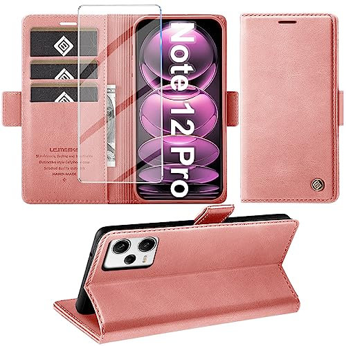 Giyer Handyhülle für Xiaomi Redmi Note 12 Pro 5G / Poco X5 Pro 5G, Flip Wallet Case mit Displayschutzfolie, Ständer, Kartenfach, Rosa, PU Leder, Silikon