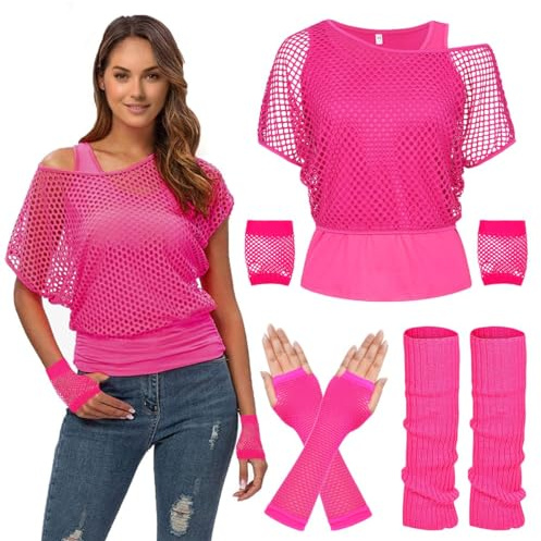 80s Fancy Fishnet Top for Women, Tank Top, Leg Warmers, Gloves, 1980s Costumes Neon Off Shoulder Mesh T-Shirt Accessories Retro Theme Party Cosplay
