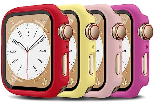 For Apple Watch Series 3 Series 2/1 38mm Case with Built-in Tempered Glass Screen Protector,4 Pack Ultra Thin Matte Hard PC Protective Cover For iWatch Series 3/2/1 38mm Case(Red/Pink/Rose red/Yellow)