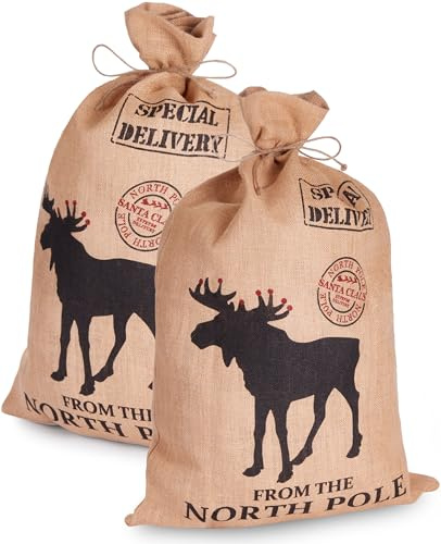 BRUBAKER Weihnachtssack Special Delivery from the North Pole - 80 cm Geschenksack Weihnachten - Nikolaussack Jutebeutel Sack mit Kordel zum Verpacken von Geschenken - Jutesack Elch - 2 Stück