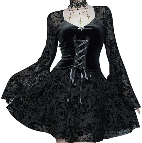 SEAUR Gothic Vintage Velvet Dress Women Aesthetic Goth A Line Lolita Long Sleeve Black V Neck With Drawstring, L