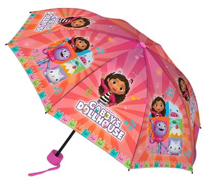 Gabby's Doll House Faltschirm Kompakter, Regenschirm für Mädchen, Struktur mit Hoher Widerstandsfähigkeit, Regenschirm im Gabby Design, Regenschirm für Kinder