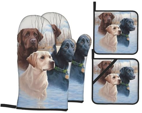 Trukd Labrador Dogs Oven Gloves-2 Gloves And 2 Pot Holders-Kitchen, Microwave,Bbq-Heat Resistance
