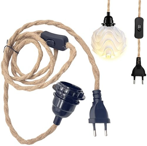 Hanfseil Pendellampe Kit, E27 Lampenfassung Pendelleuchte mit Stecker und 4,5M Kabel, Vintage mit Schalten Stecken, E27 Vintage Lampenkabel HäNgende Leuchte, Seil HäNgelampe