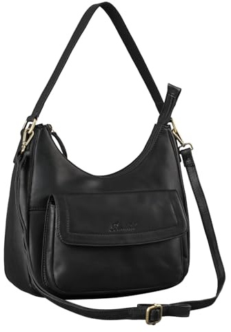 Benthill Handtasche Damen Echt Leder | Schultertasche aus echtem Rindsleder | Umhängetasche mit Reißverschluss | Ledertasche mit Henkel & Umhängegurt, Farbe:Schwarz