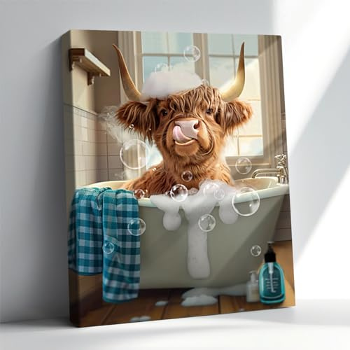 Hochlandkuh Wandkunst Kuh Badezimmer Dekor 30,5 x 40,6 cm Niedliche Kuh Badezimmer Leinwand Drucke Lustige Hochlandkuh Drucke Kunst Bauernhaus Moderner Stil Toilette Bad Gemälde Druck Bilder WC Bild