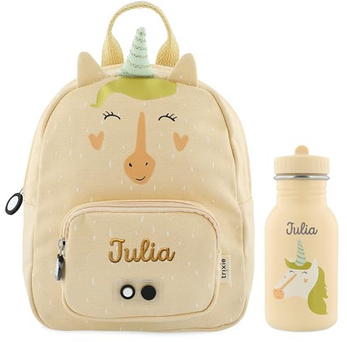 Personalisierter Kinderrucksack / Kindergartenrucksack mit Namen und Kinder-Trinkflasche als Set Trixie Einhorn für Kindergarten, Kita und Krippe (Einhorn, Set: Rucksack SMALL + Flasche 350ml)