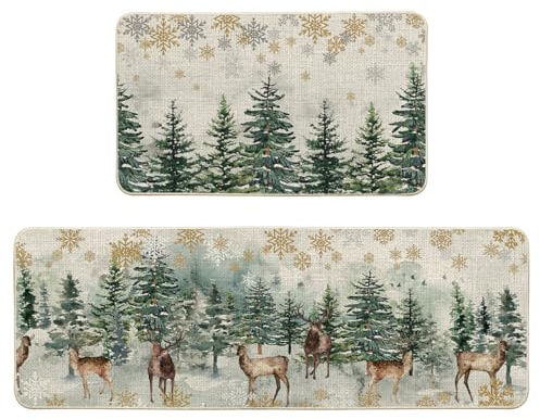 Artoid Mode Aquarell Rentier Bäume Schneeflocken Weihnachten Küchenteppich 2er Set, Waschbar Küchenmatten Für Innen Außen Dekor - 43x73 and 43x118 cm