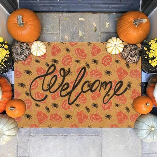 KorhLeoh Fall Halloween Welcome Mat - Artificial Coir Door Mat with No-Slip Backing for Outdoor Entrance 17 * 30In