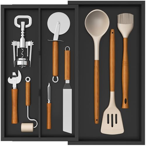 Lifewit Range Couverts Extensible 2 à 3 Compartiments, Rangement Couvert pour Tiroir en Bambou, Organisation Cuisine, Separateur Tiroir pour Cuillères, Fourchettes, Couverts, Couteaux, Noir
